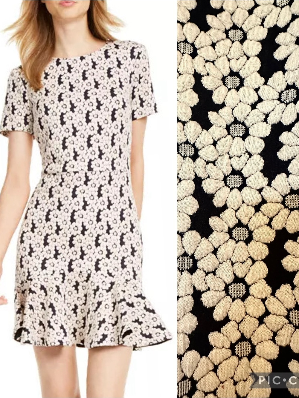 Trina Turk Navy and Ivory Daisy Textured Short Sleeve Flounce Hem Dress size 14